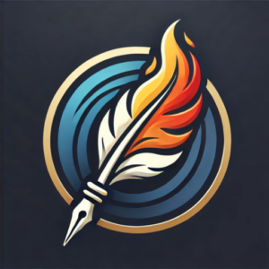 The Living Ethos logo featuring a quill pen that turns into a flame and a stylized circular background.