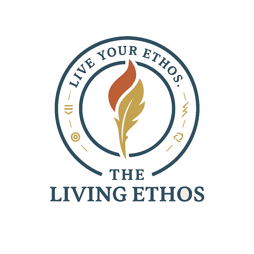 Primary emblem of The Living Ethos featuring a red and gold torch-leaf symbol in the center of a double-circle badge. The outer ring displays the words “LIVE YOUR ETHOS.” above and “THE LIVING ETHOS” below. Surrounding symbols represent the five virtues. The design uses deep navy, gold, and accent red tones on a transparent background.